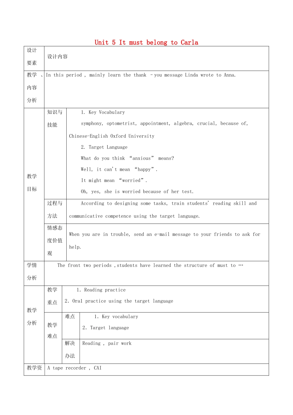 新疆生产建设兵团第五师八十六团第一中学九年级英语全册 Unit 5 It must belong to Carla第三课时教学设计 人教新目标版_第1页