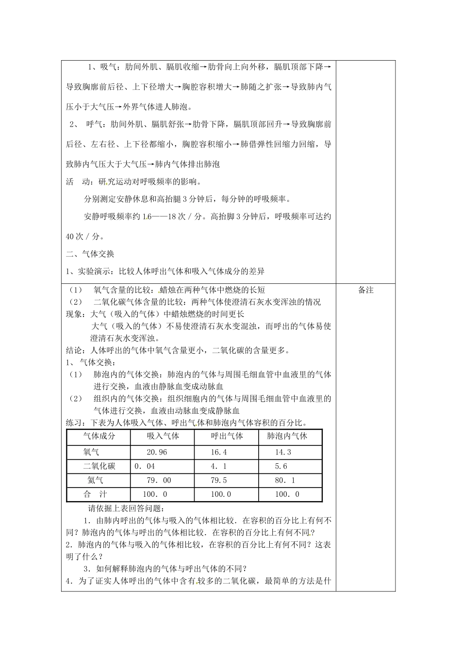 八年级科学上册 7.2 人体的呼吸教案（二）华东师大版_第2页