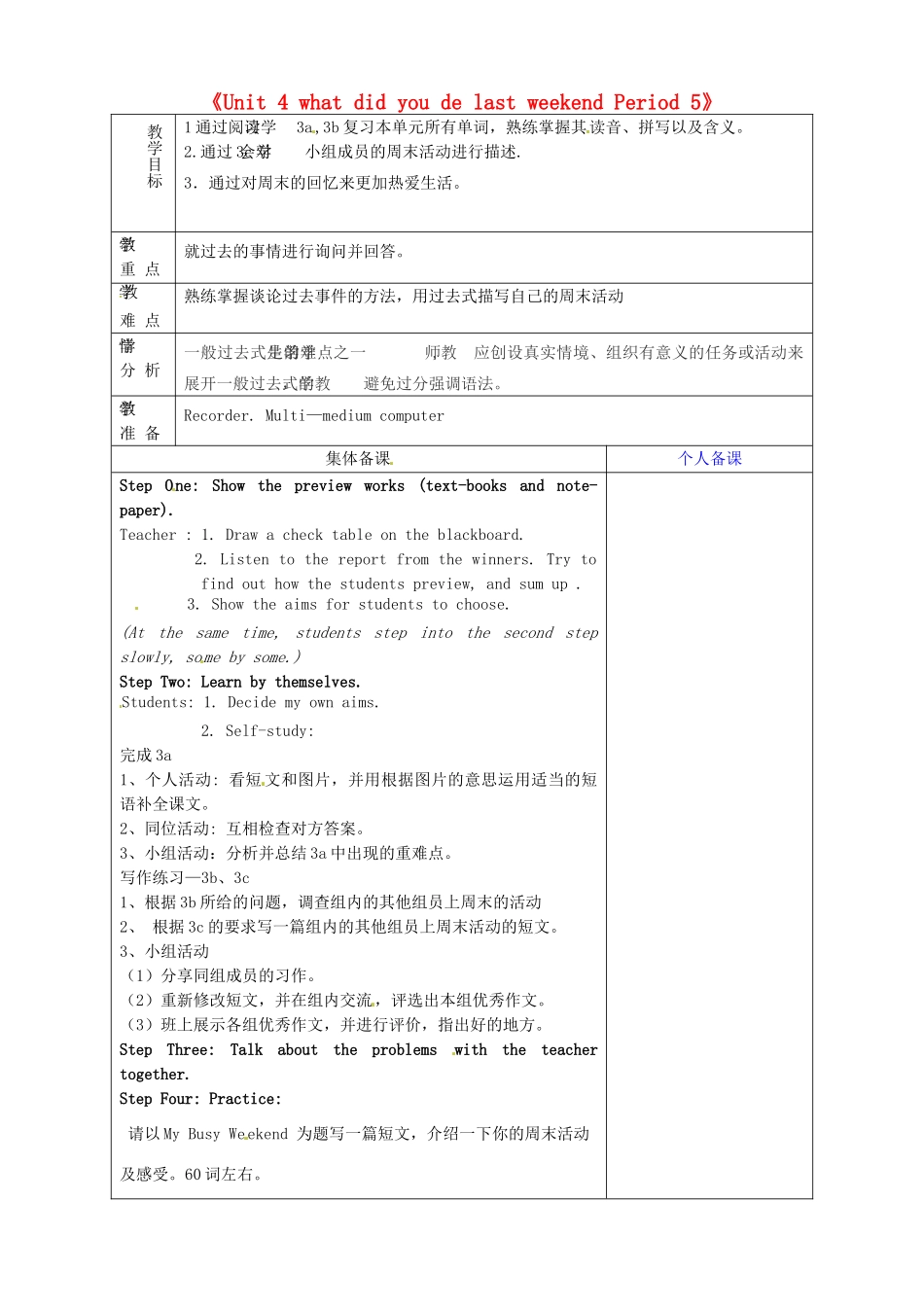 七年级英语上册《Unit 4 what did you de last weekend Period 5》教案 鲁教版五四制-鲁教版五四制初中七年级上册英语教案_第1页