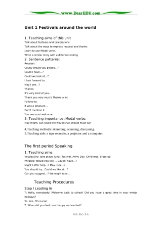 人教新课标高中英语必修三Unit1 Festivals around the world 教案