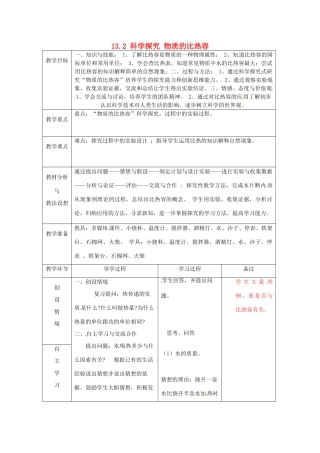 山东省临沂市蒙阴县第四中学九年级物理全册 13.2 科学探究 物质的比热容教案 （新版）沪科版