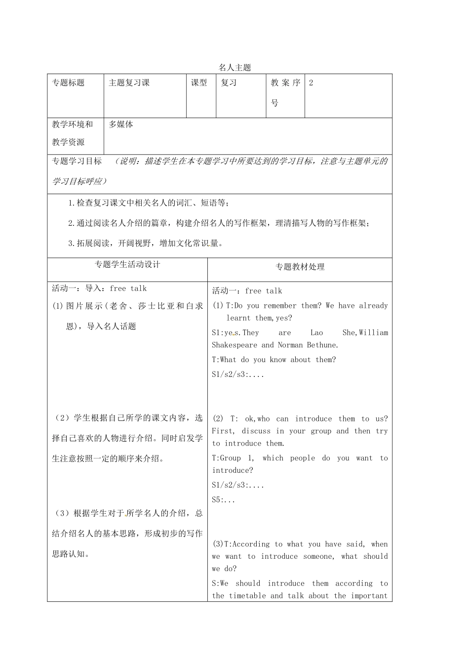 七年级英语下册 名人主题复习教案 外研版-外研版初中七年级下册英语教案_第1页