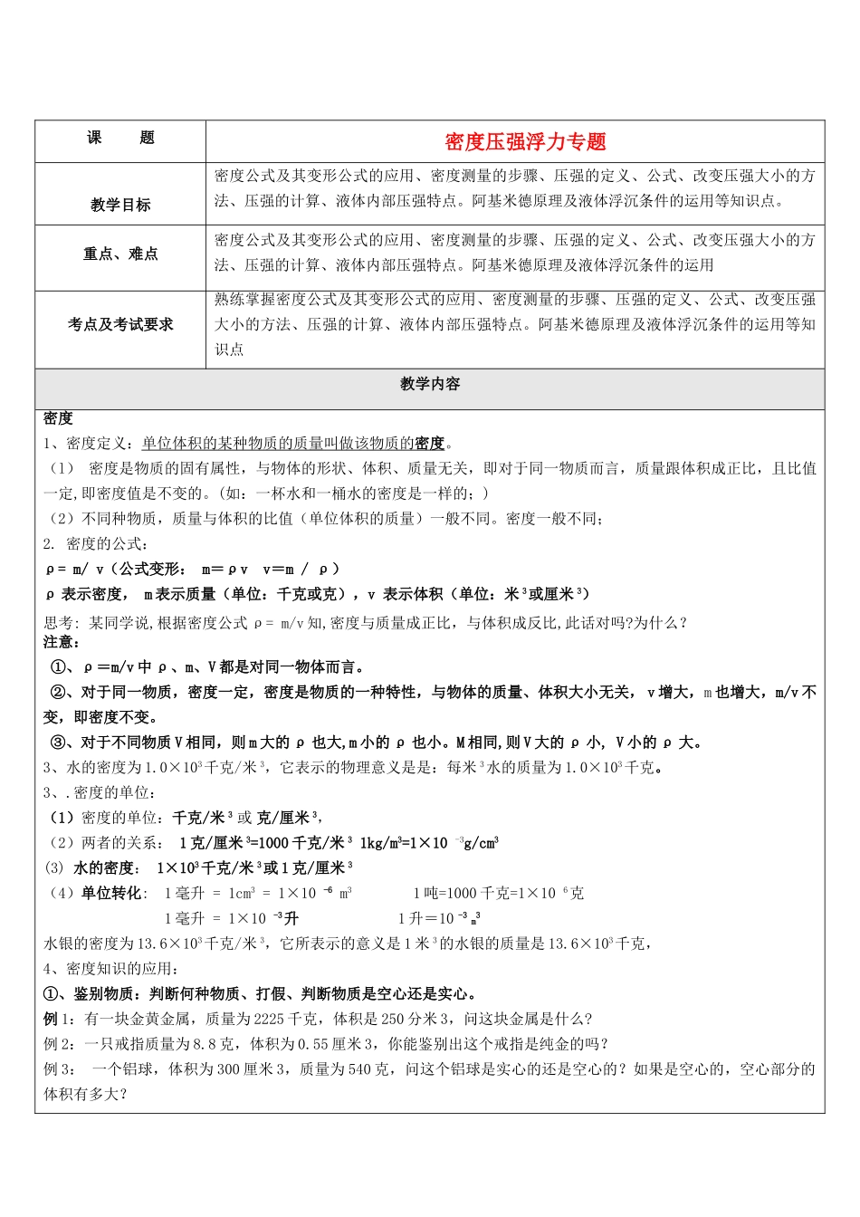 中考科学 密度浮力压强一轮复习讲义 浙教版_第1页