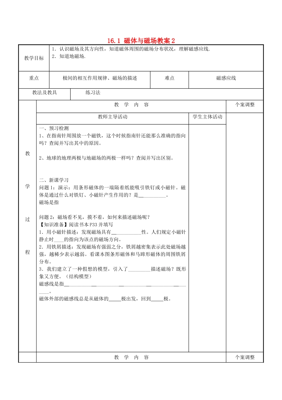 江苏省新沂市第二中学九年级物理下册 16.1 磁体与磁场教案2 苏科版_第1页