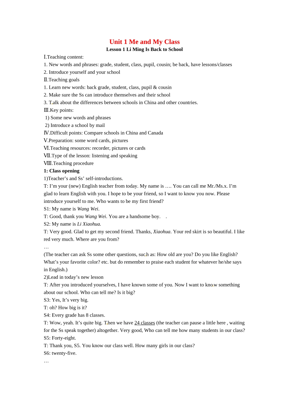 八年级英语上册 Unit 1 Lesson 1 Li Ming Is Back to School教案 冀教版_第1页