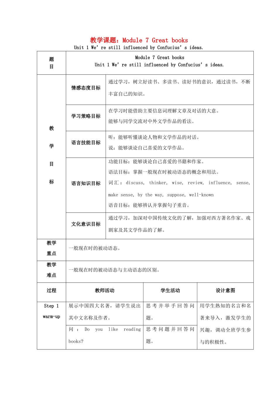 学年九年级英语上册 Module 7 Great books Unit 1 We’re still influenced by Confucius’s ideas教案 （新版）外研版-（新版）外研版初中九年级上册英语教案_第1页