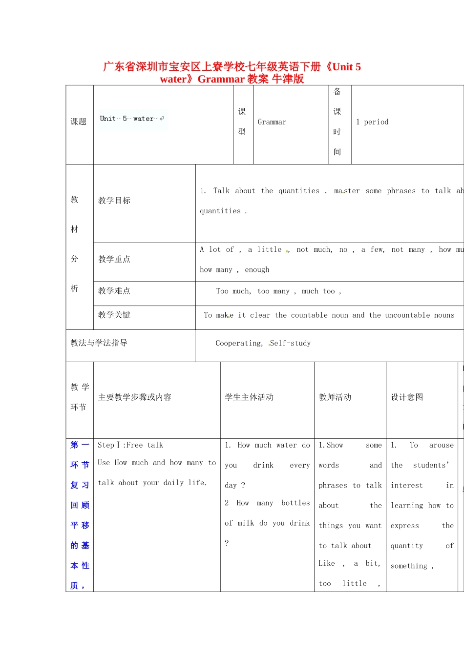 广东省深圳市宝安区上寮学校七年级英语下册《Unit 5 water》Grammar教案 牛津版_第1页