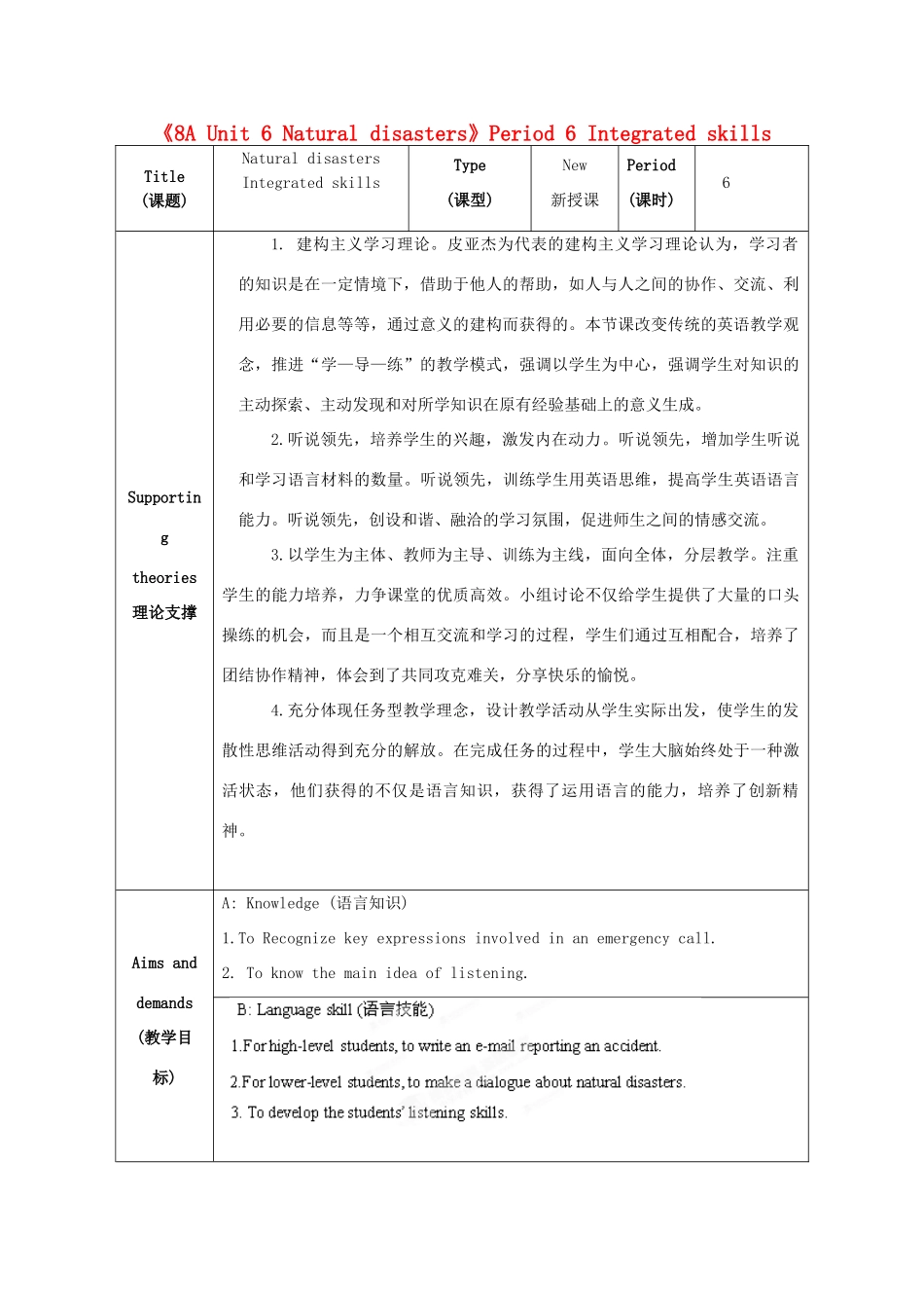 江苏省海安县大公初级中学八年级英语上册《8A Unit 6 Natural disasters》Period 6 Integ rated skills教案 牛津版_第1页