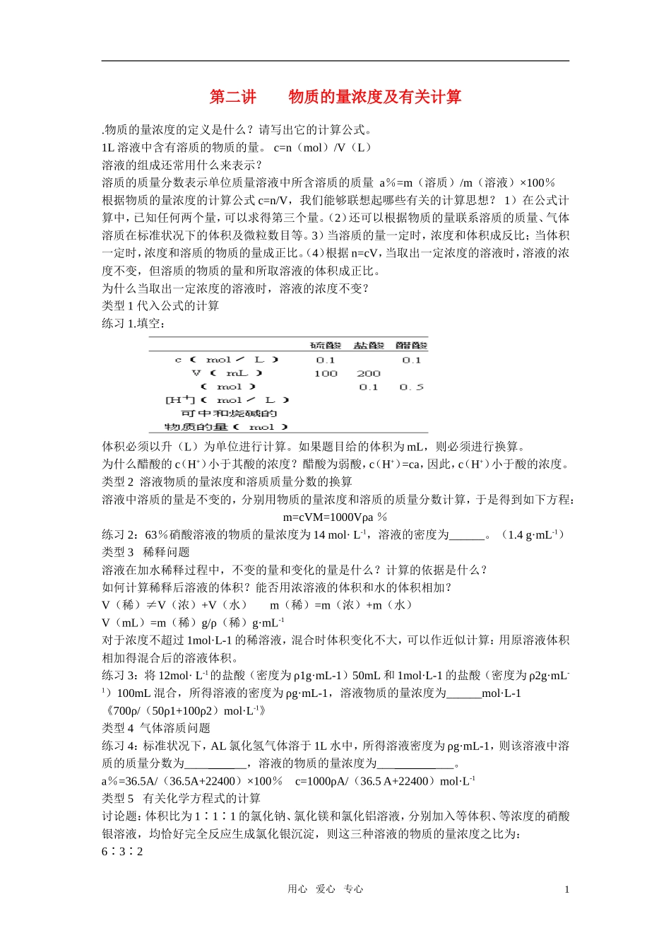 高三化学二轮专题复习 物质的量浓度及有关计算教案_第1页