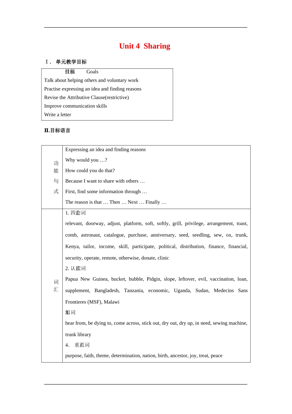 高中英语book7 unit 4 sharing 全单元教案新人教版选修7_第1页