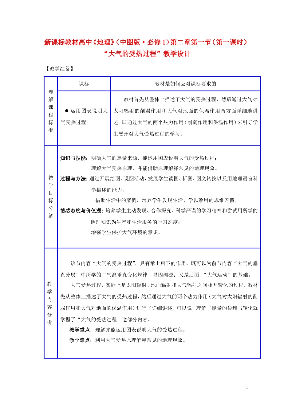 重庆市荣昌安富中学高考地理 2.1 大气的受热过程教案 中图版必修1_第1页