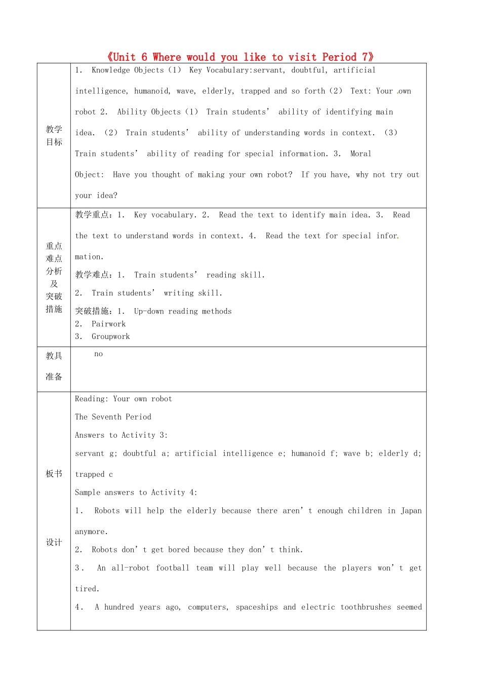 山东省龙口市诸由观镇诸由中学八年级英语下册《Unit 6 Where would you like to visit Period 7》教案 鲁教版五四制_第1页