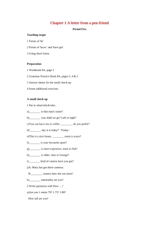 八年级英语：Chapter 1 A letter from a pen-friend Period Five教案上海牛津版