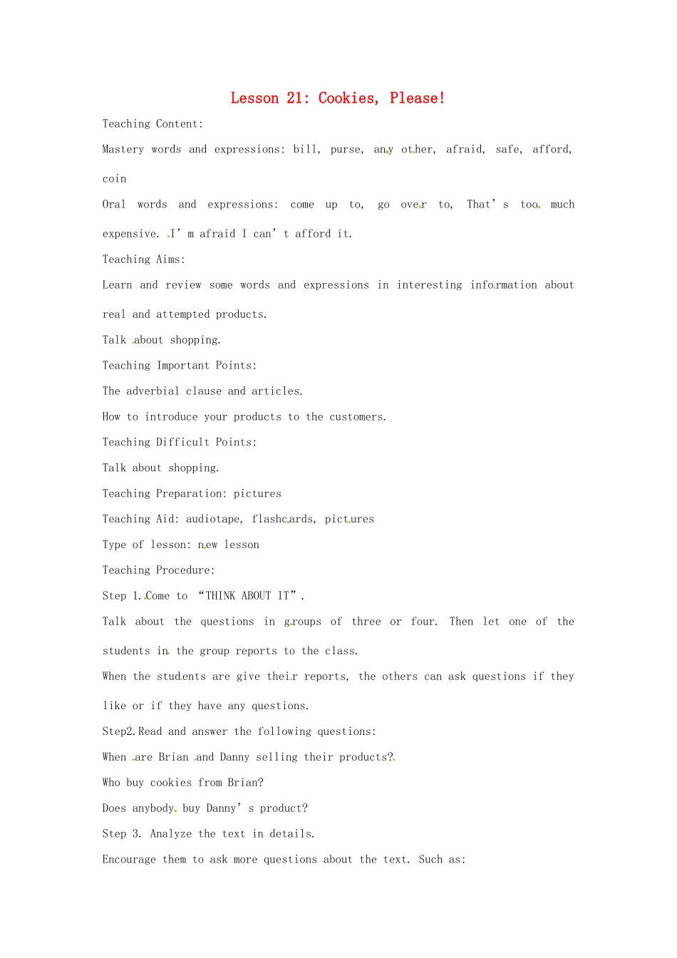 九年级英语上册 Lesson 21 Cookies, Please英文教案 冀教版_第1页