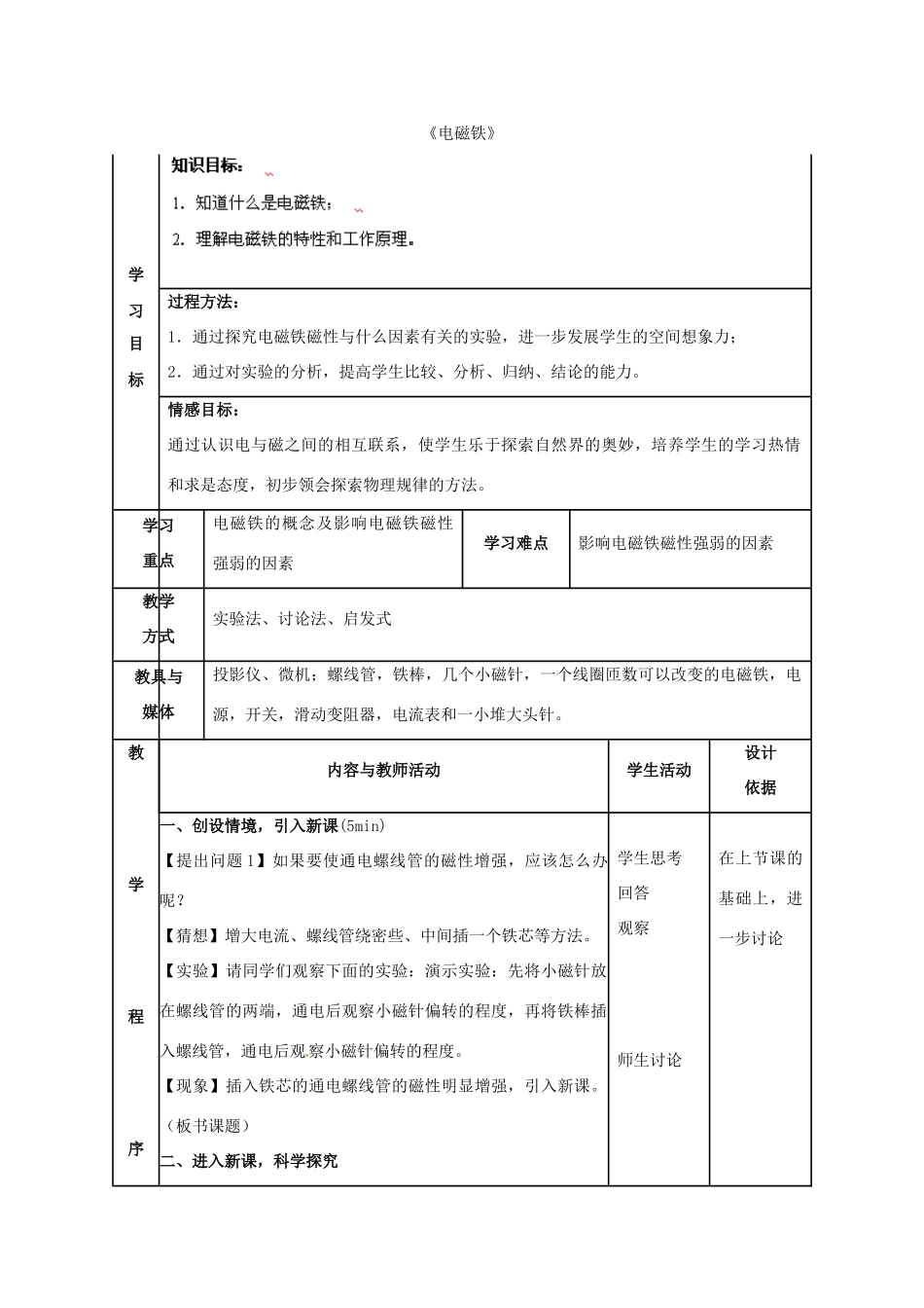 四川省雅安市雨城区中里镇中学八年级物理下册《电磁铁》教学设计 新人教版_第1页