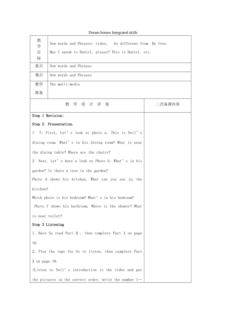 江苏省兴化市昭阳湖初级中学七年级英语下册《Unit 1 Dream homes Integrated skills》教案 （新版）牛津版_第1页