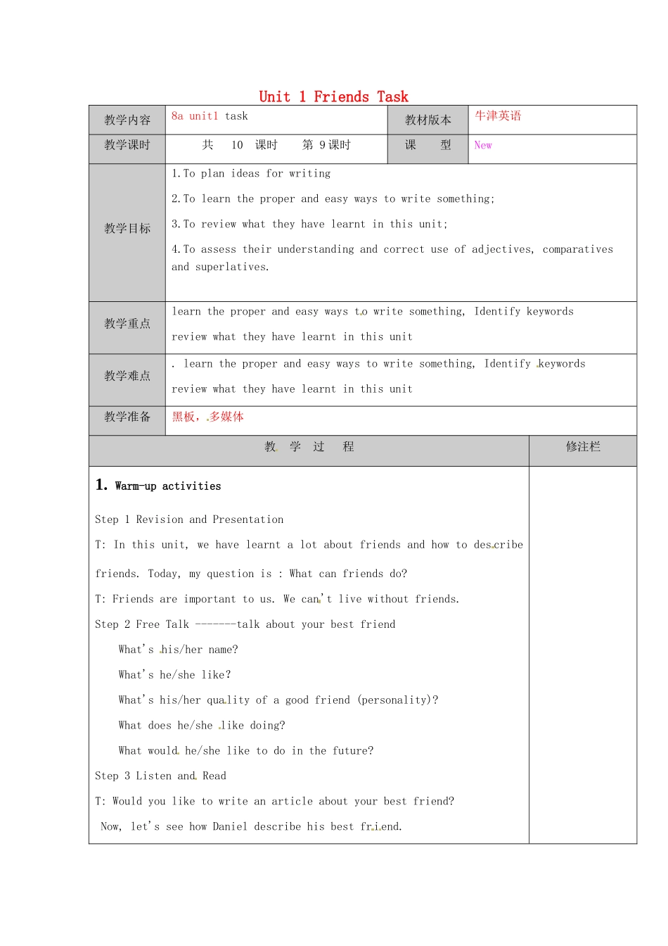 江苏省徐州市黄山外国语学校八年级英语上册 Unit 1 Friends Task教案 牛津版_第1页