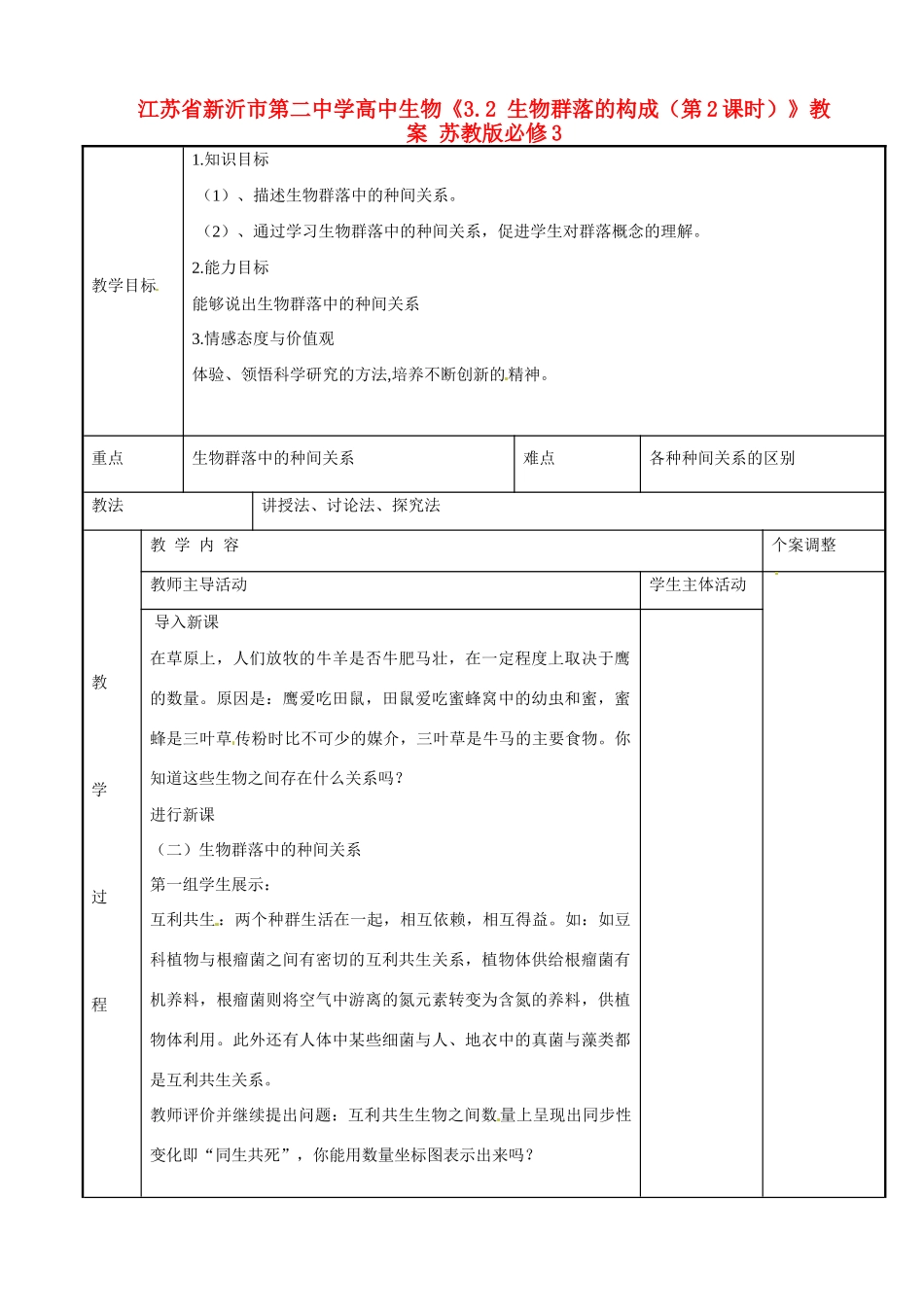 江苏省新沂市第二中学高中生物《3.2 生物群落的构成（第2课时）》教案 苏教版必修3_第1页