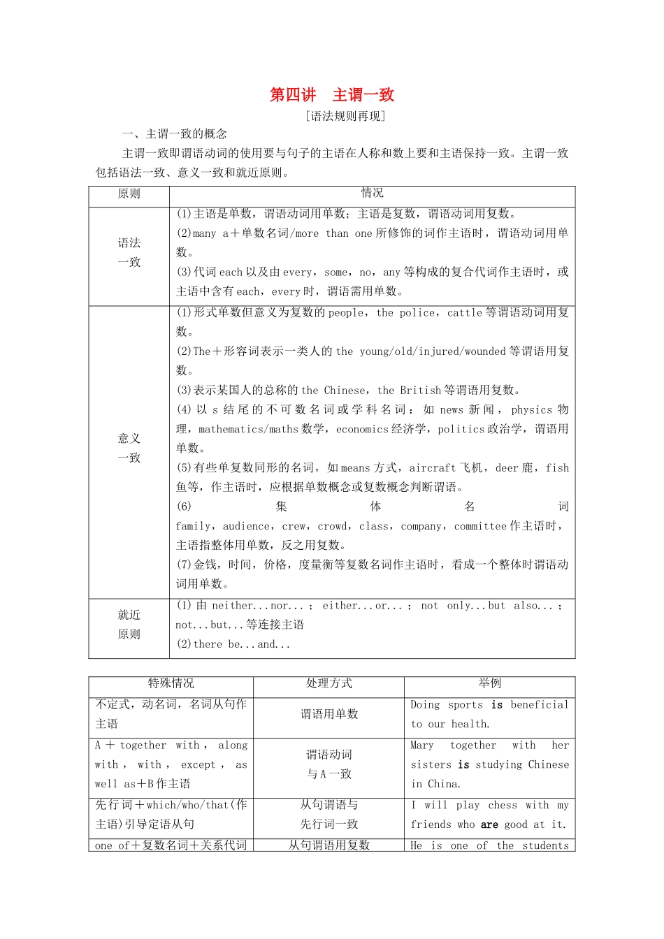 广东省高考英语学业水平合格考试总复习 第2部分 基础语法突破 板块1 第4讲 主谓一致（教师用书）教案-人教版高三全册英语教案_第1页