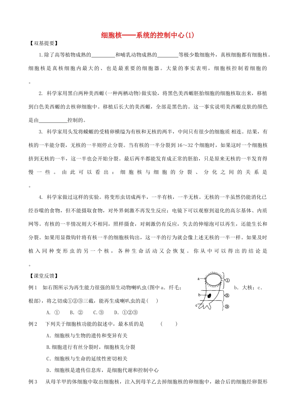 山西省运城市康杰中学高中生物 3.3 细胞核 系统的控制中心同步练习 新人教版必修1_第1页