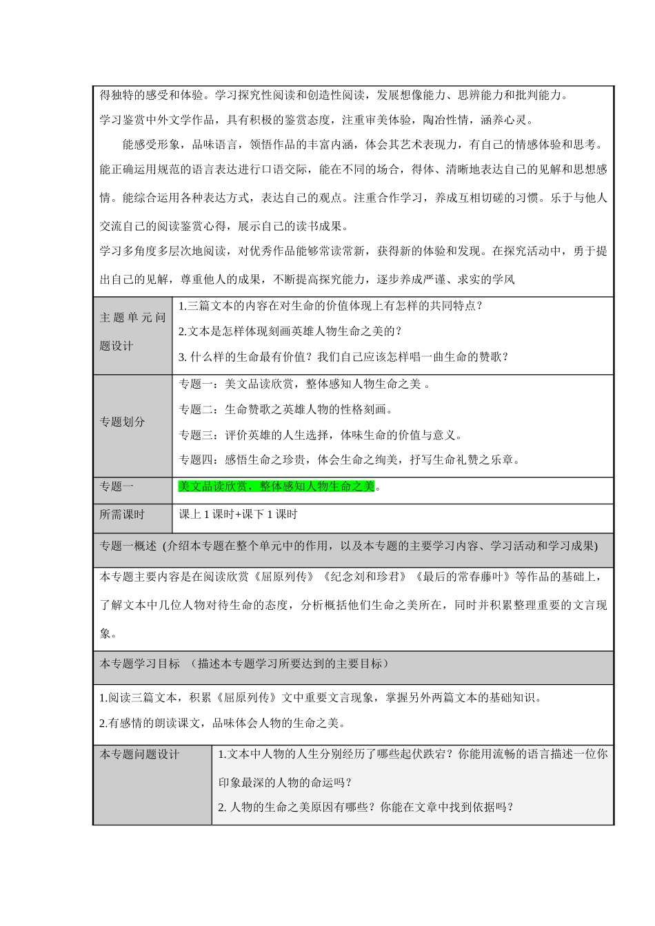 高一语文 第二单元——生命的赞歌主题单元设计 鲁教版必修3_第3页