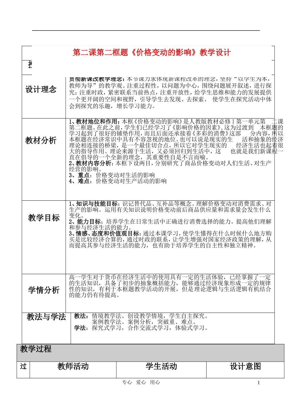 高中政治 价格变动的影响 教学设计 新人教版必修1_第1页