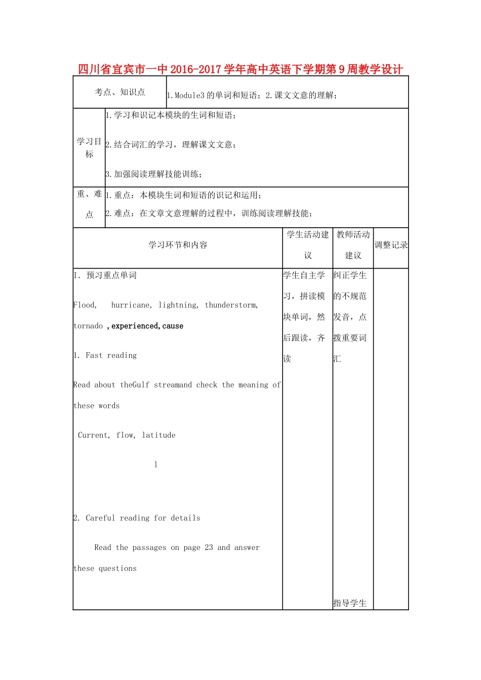 高中英语下学期第9周教学设计-人教版高中全册英语教案_第1页
