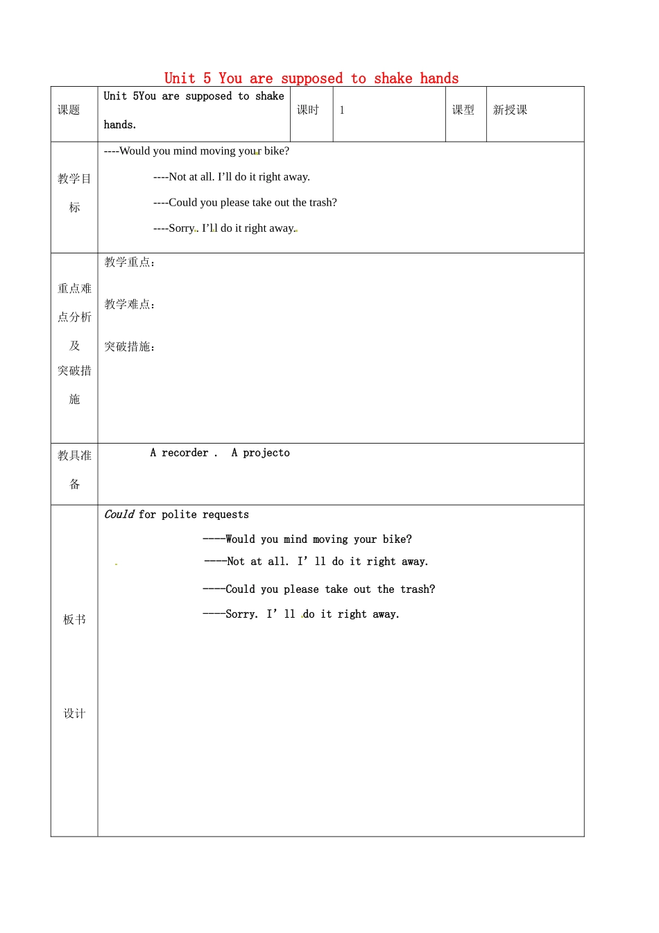 山东省龙口市诸由观镇诸由中学九年级英语全册《Unit 5 You are supposed to shake hands》教案5 鲁教版五四制_第1页