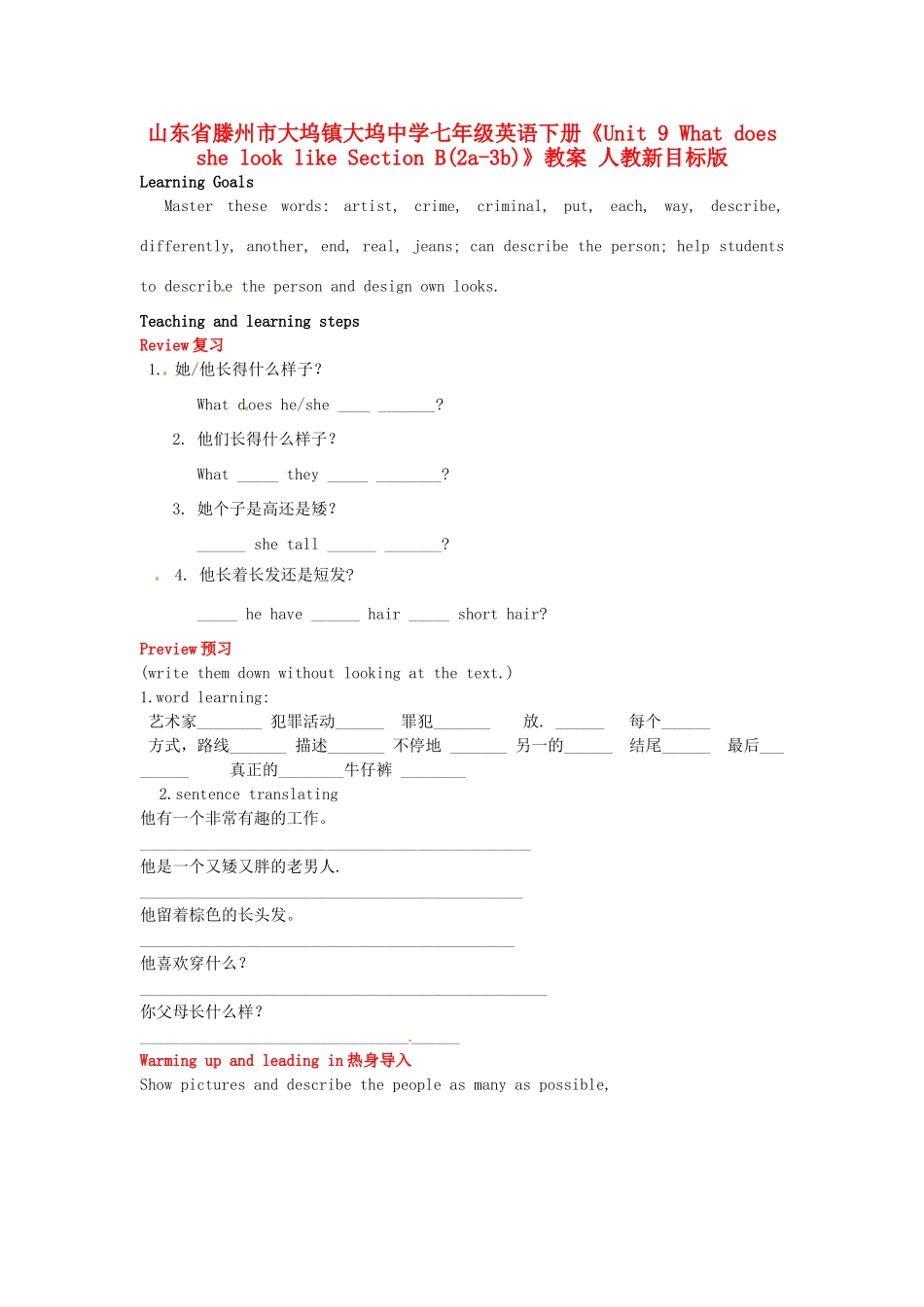 山东省滕州市大坞镇大坞中学七年级英语下册《Unit 9 What does she look like Section B(2a-3b)》教案 人教新目标版_第1页