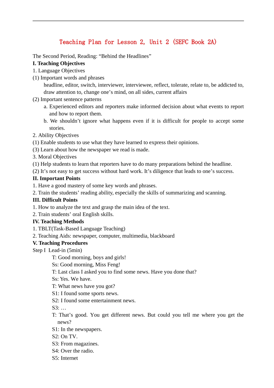 高二英语：Teaching Plan for Lesson 2, Unit 2 (SEFC Book 2A)教案人教版_第1页