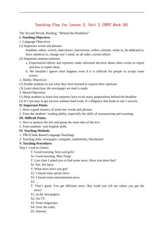 高二英语：Teaching Plan for Lesson 2, Unit 2 (SEFC Book 2A)教案人教版