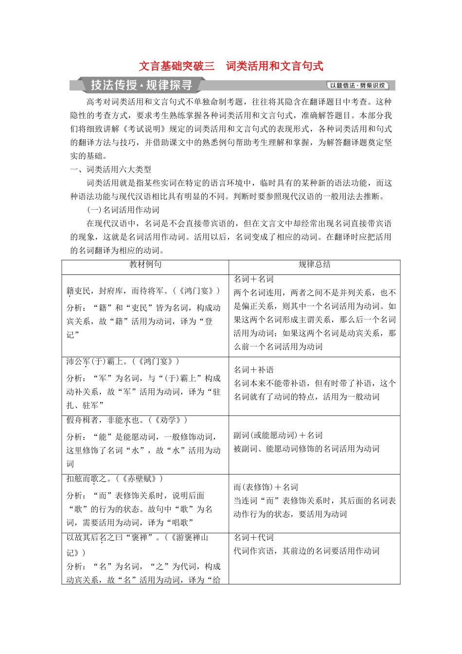 高考语文一轮总复习 第四部分 古代诗文阅读 专题一 文言文阅读-历览前贤国与家，披文入情悟精华 4 文言基础突破三 词类活用和文言句式教师用书-人教版高三全册语文教案_第1页