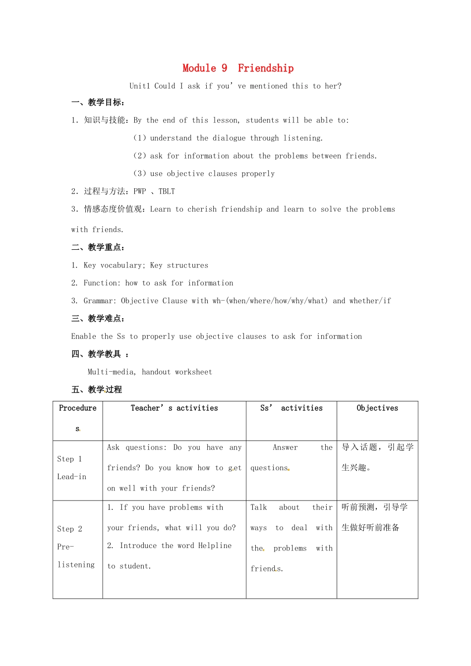 春八年级英语下册 Module 9 Unit 1 Could I ask if you’ve mentioned this to her教案 （新版）外研版-（新版）外研版初中八年级下册英语教案_第1页