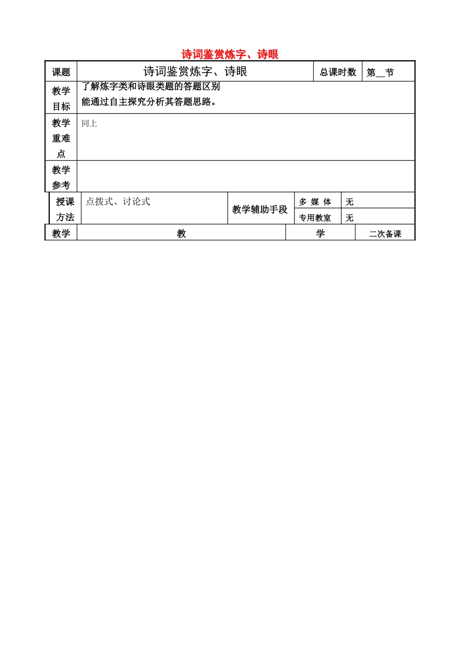 高考语文一轮复习《诗词鉴赏炼字、诗眼》教案-人教版高三全册语文教案_第1页