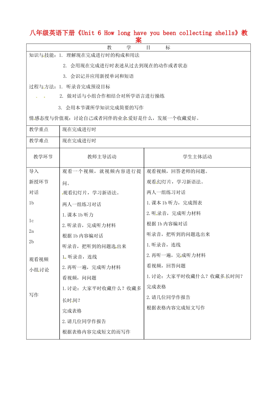 山东省日照港中学八年级英语下册《Unit 6 How long have you been collecting shells》教案2 人教新目标版_第1页