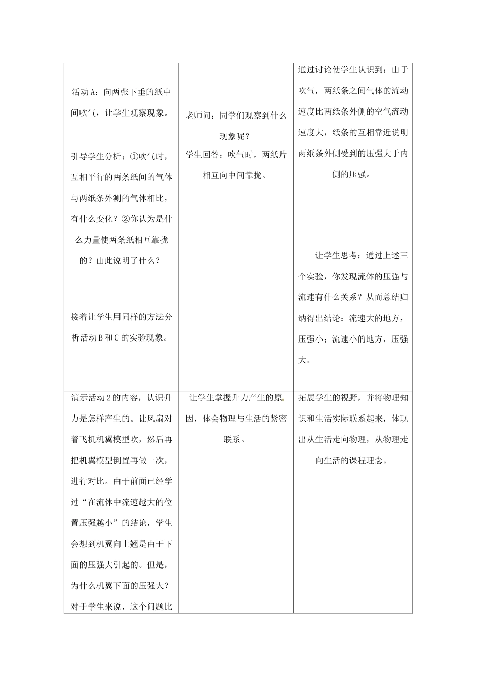 山东省惠东县白花镇第一中学八年级物理下册《9.4 神奇的升力》教学设计 粤教沪版_第3页