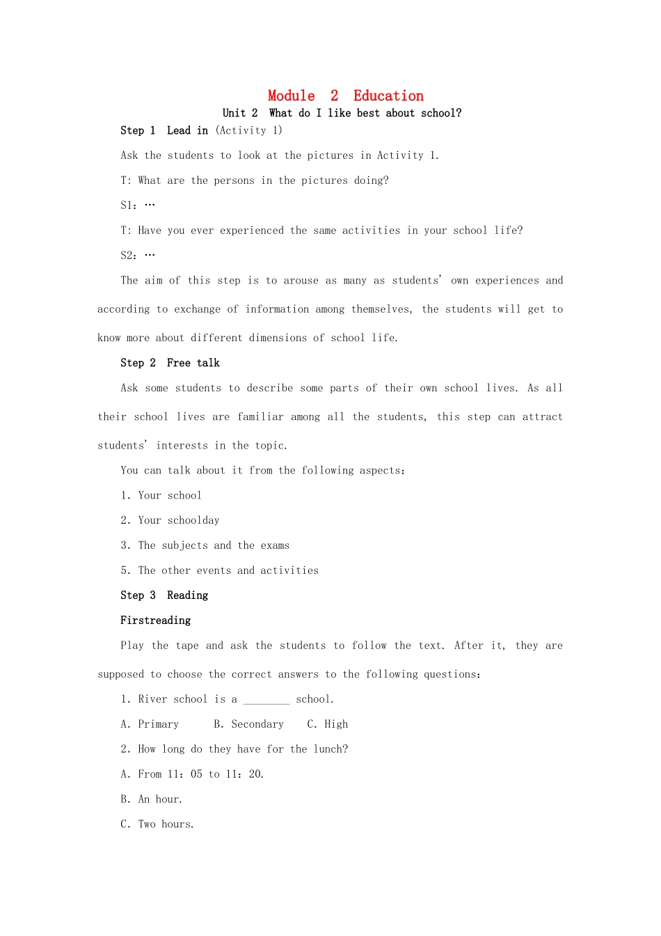 九年级英语下册 Module 2 Education Unit 2 What do I like best about school教案 （新版）外研版-（新版）外研版初中九年级下册英语教案_第1页