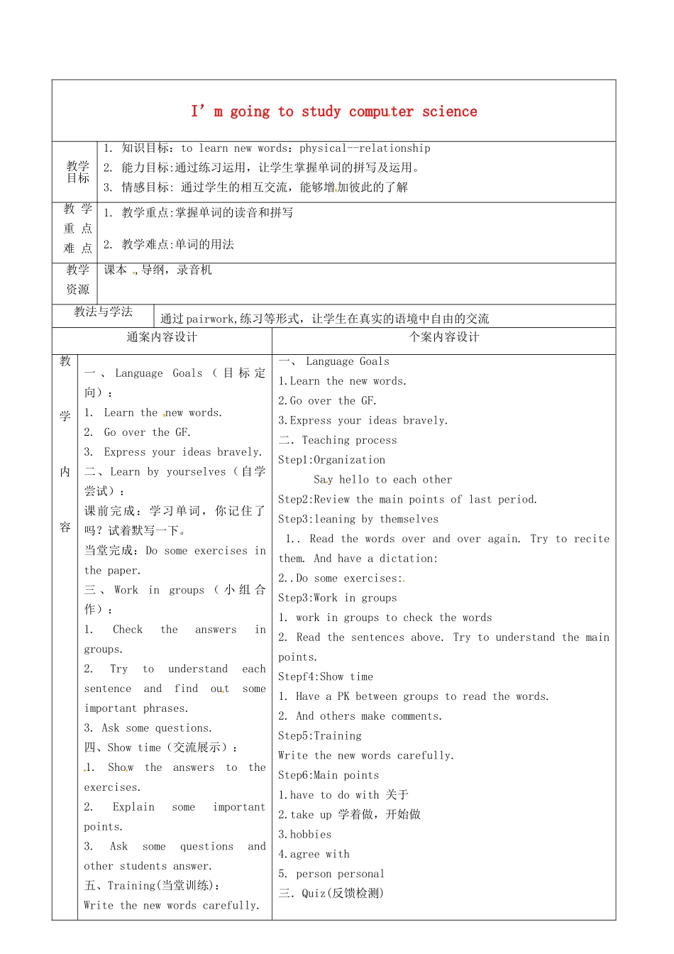 七年级英语下册 Unit 2 I’m going to study computer science教案5 鲁教版五四制-鲁教版五四制初中七年级下册英语教案_第1页