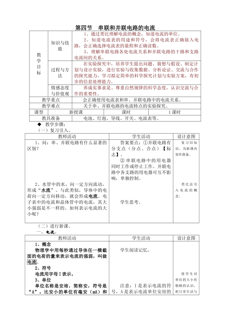 九年级物理第十三章第四节 串联和并联电路的电流教案沪科版_第1页
