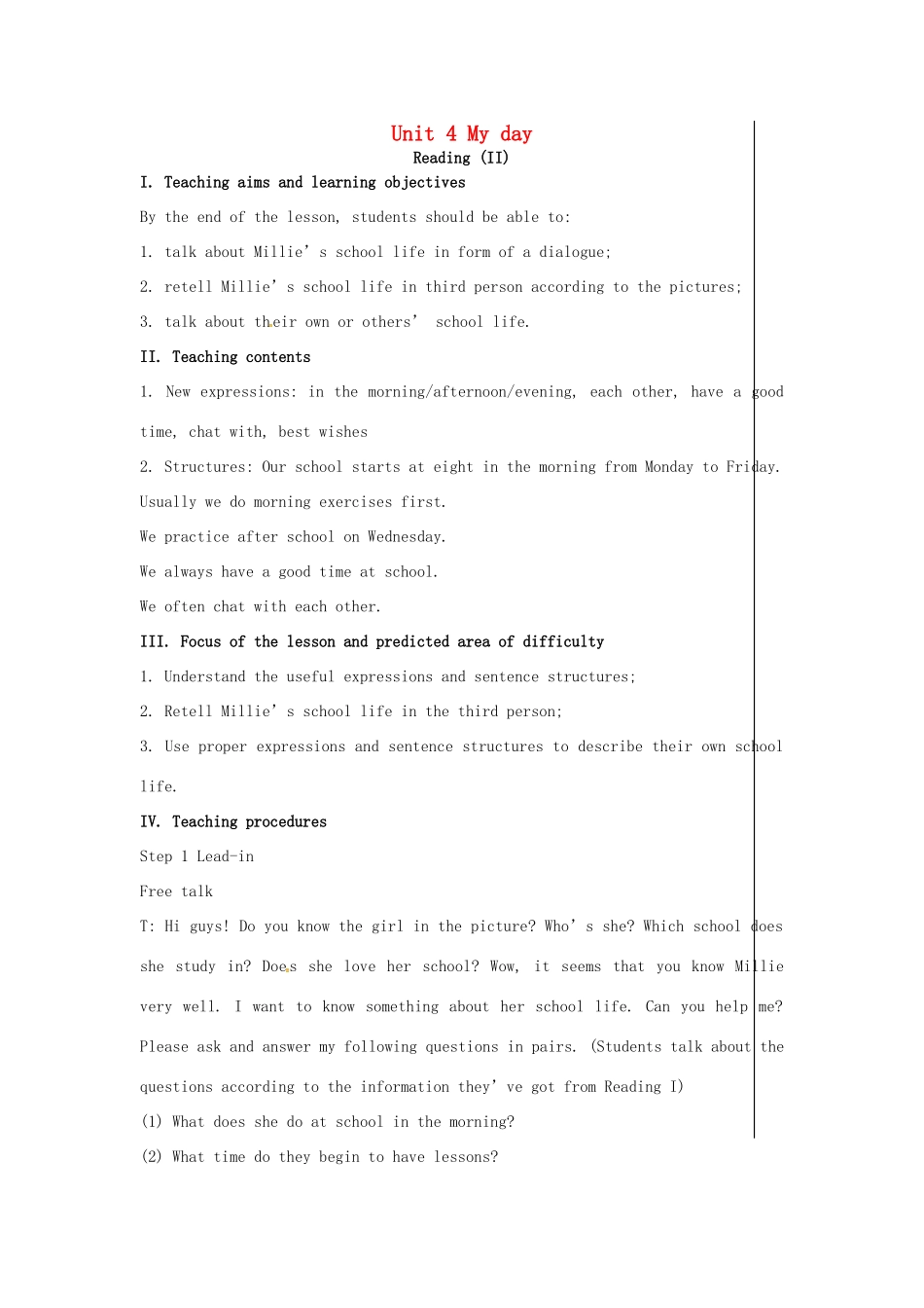 七年级英语上册 Unit 4 My day（第3课时）教案 （新版）牛津版-（新版）牛津版初中七年级上册英语教案_第1页