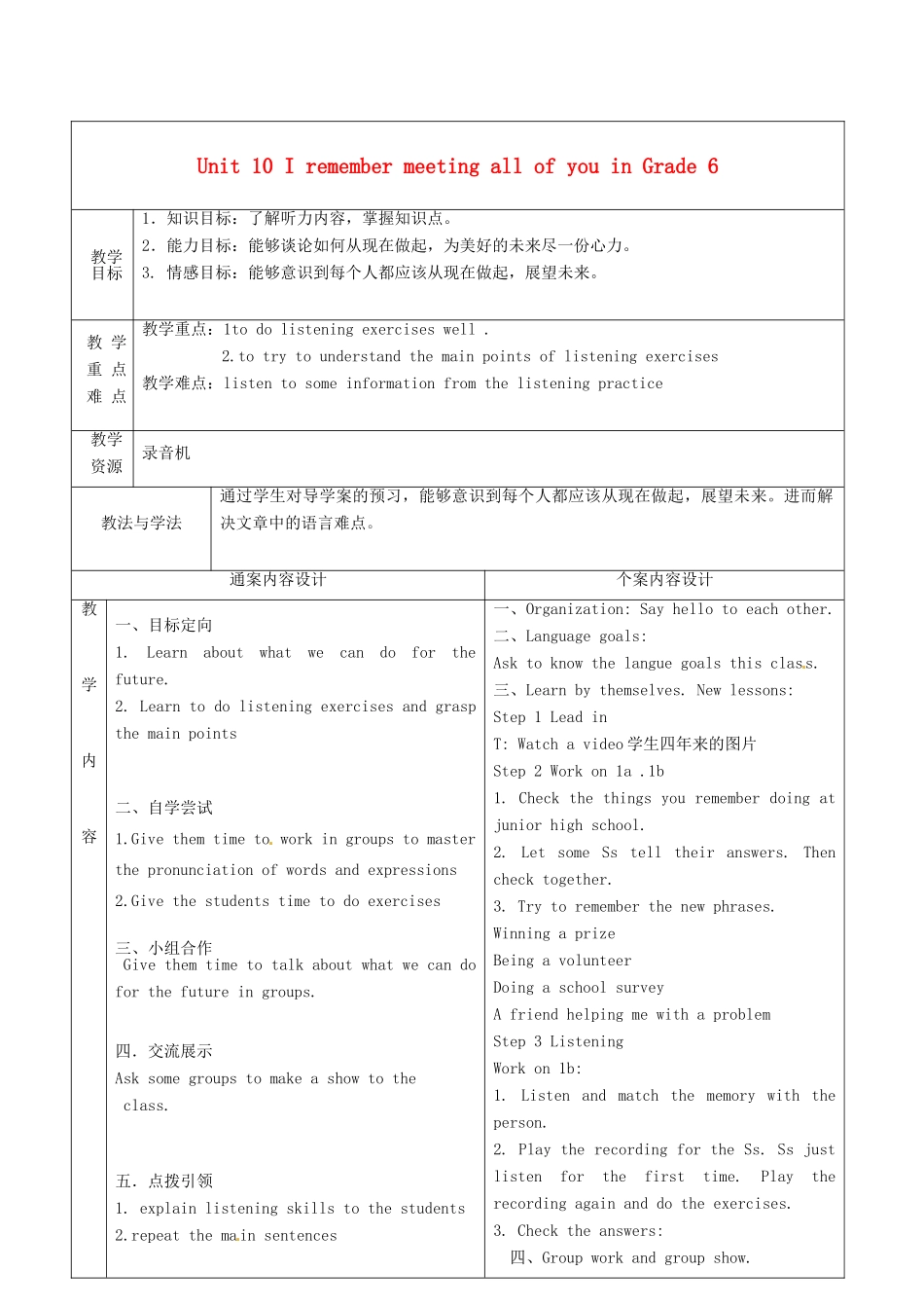 九年级英语全册 Unit 10 I remember meeting all of you in Grade 6（第4课时）教案 （新版）鲁教版五四制-鲁教版五四制初中九年级全册英语教案_第1页
