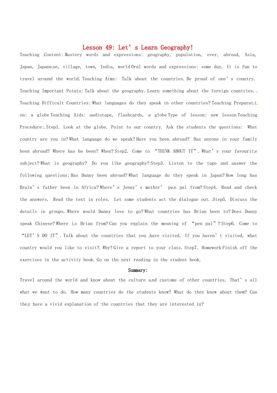 七年级英语下册 Unit 8 Lesson 49Let’s Learn Geography教案 冀教版_第1页