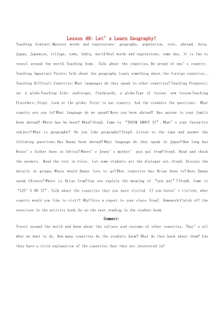 七年级英语下册 Unit 8 Lesson 49Let’s Learn Geography教案 冀教版
