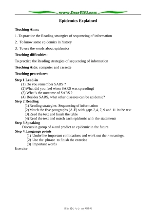 高中英语Unit 21 Lesson 3 Epidemics Explained教案3 北师大版 选修7