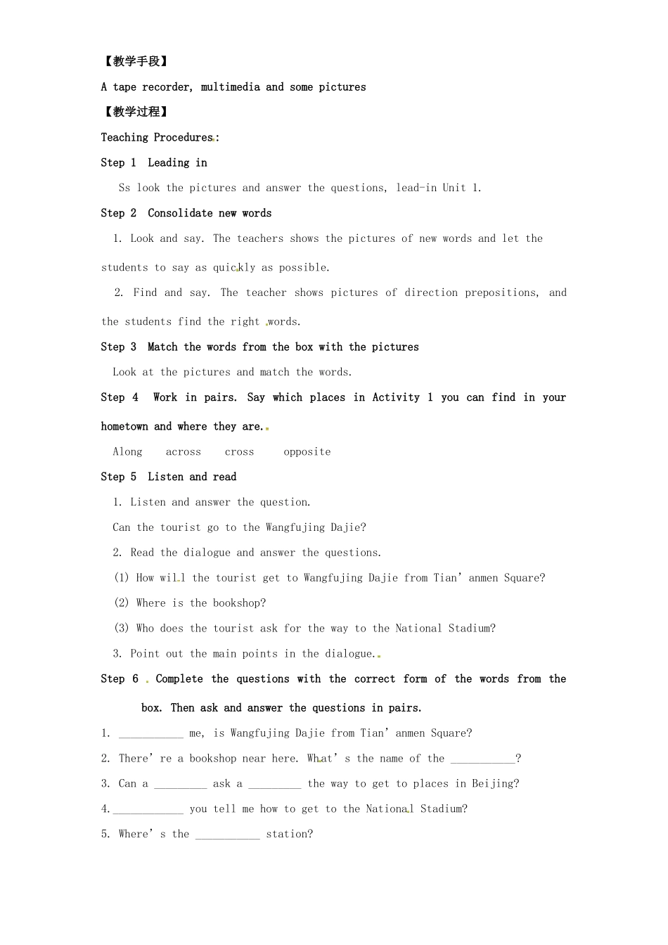 七年级英语下册 Module 6 Unit 1 Could you tell me how to get to the National Stadium教案 （新版）外研版-（新版）外研版初中七年级下册英语教案_第2页