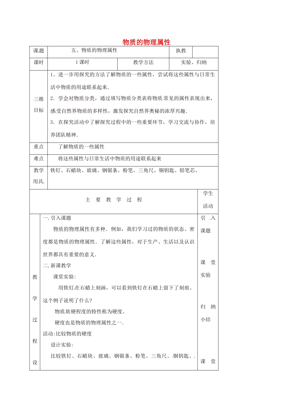 江苏省淮安市八年级物理下册 6.5物质的物理属性教案 （新版）苏科版-（新版）苏科版初中八年级下册物理教案_第1页