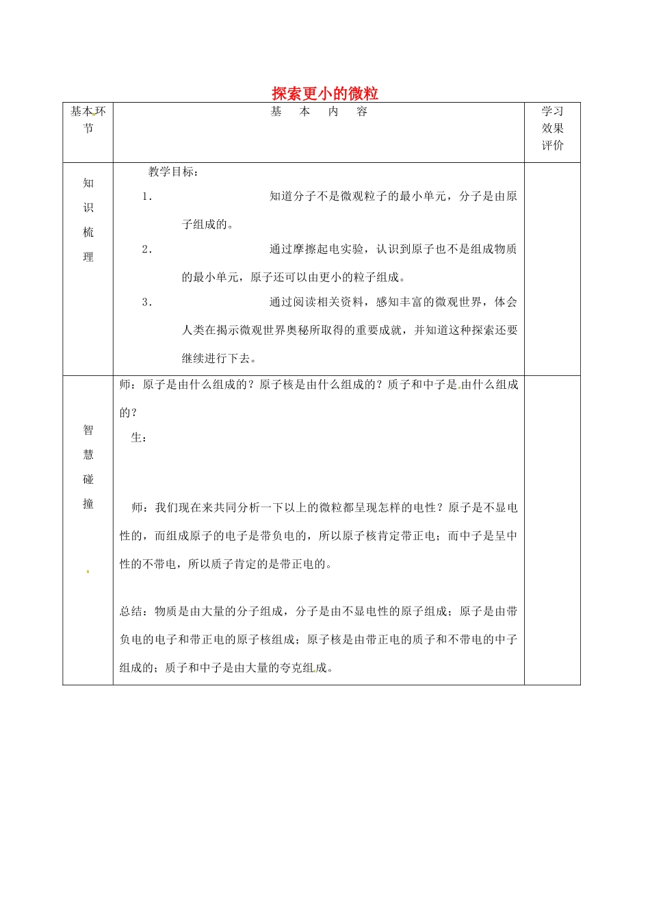 江苏省宿迁市沭阳县官墩初级中学八年级物理下册 7.3 探索更小的微粒教案1 苏科版_第1页