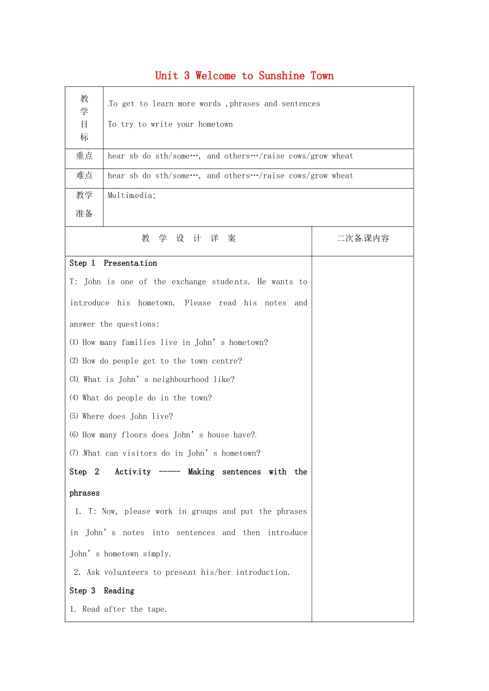 七年级英语下册《Unit 3 Welcome to Sunshine Town Task》教案 （新版）牛津版-（新版）牛津版初中七年级下册英语教案_第1页