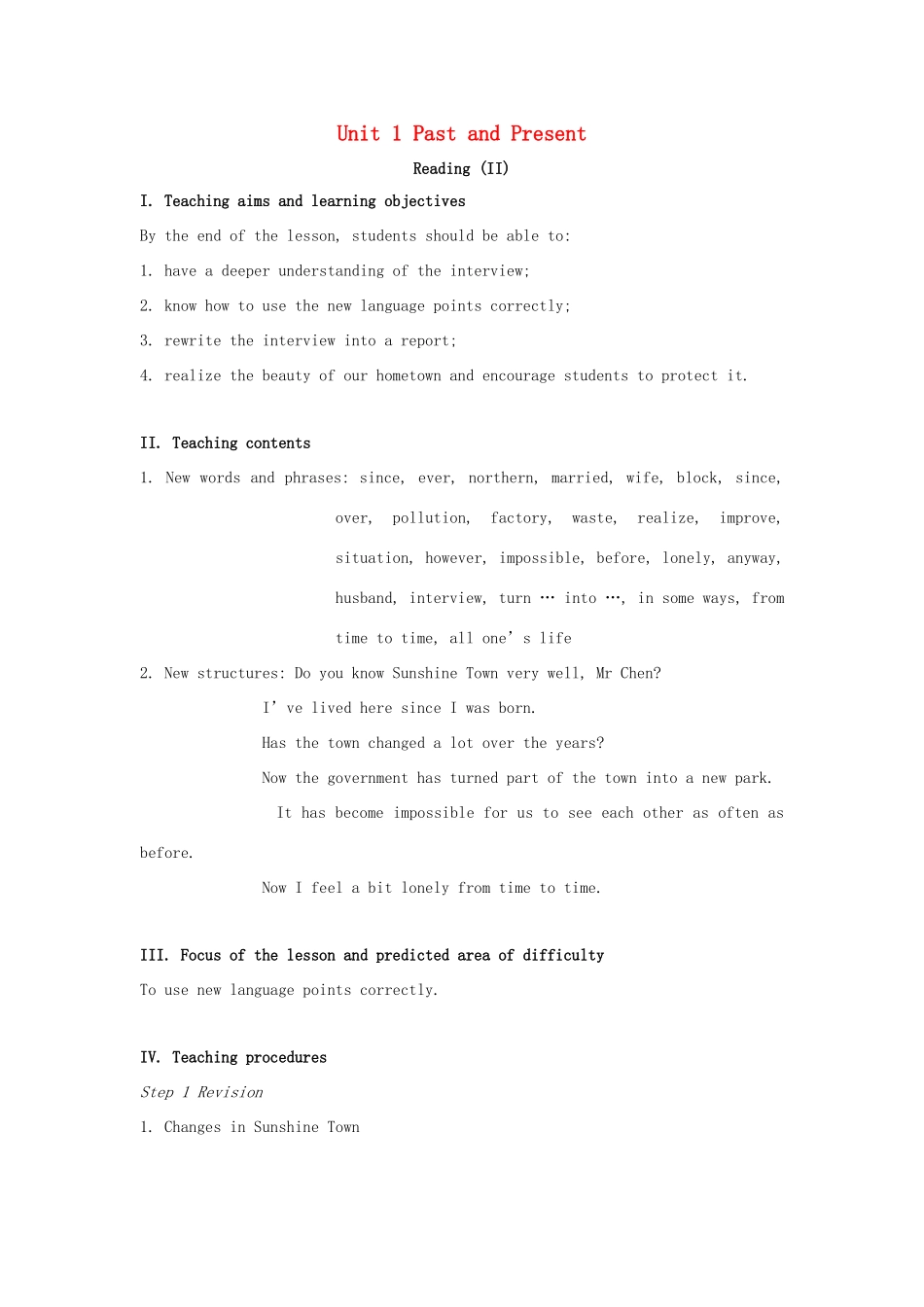 八年级英语下册 Unit 1 Past and Present Reading II教案 （新版）牛津版-（新版）牛津版初中八年级下册英语教案_第1页