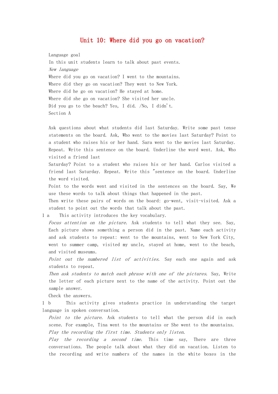 四川省江油市七年级英语下册《Unit 10 Where did you go on vacation 》教案1 人教新目标板_第1页